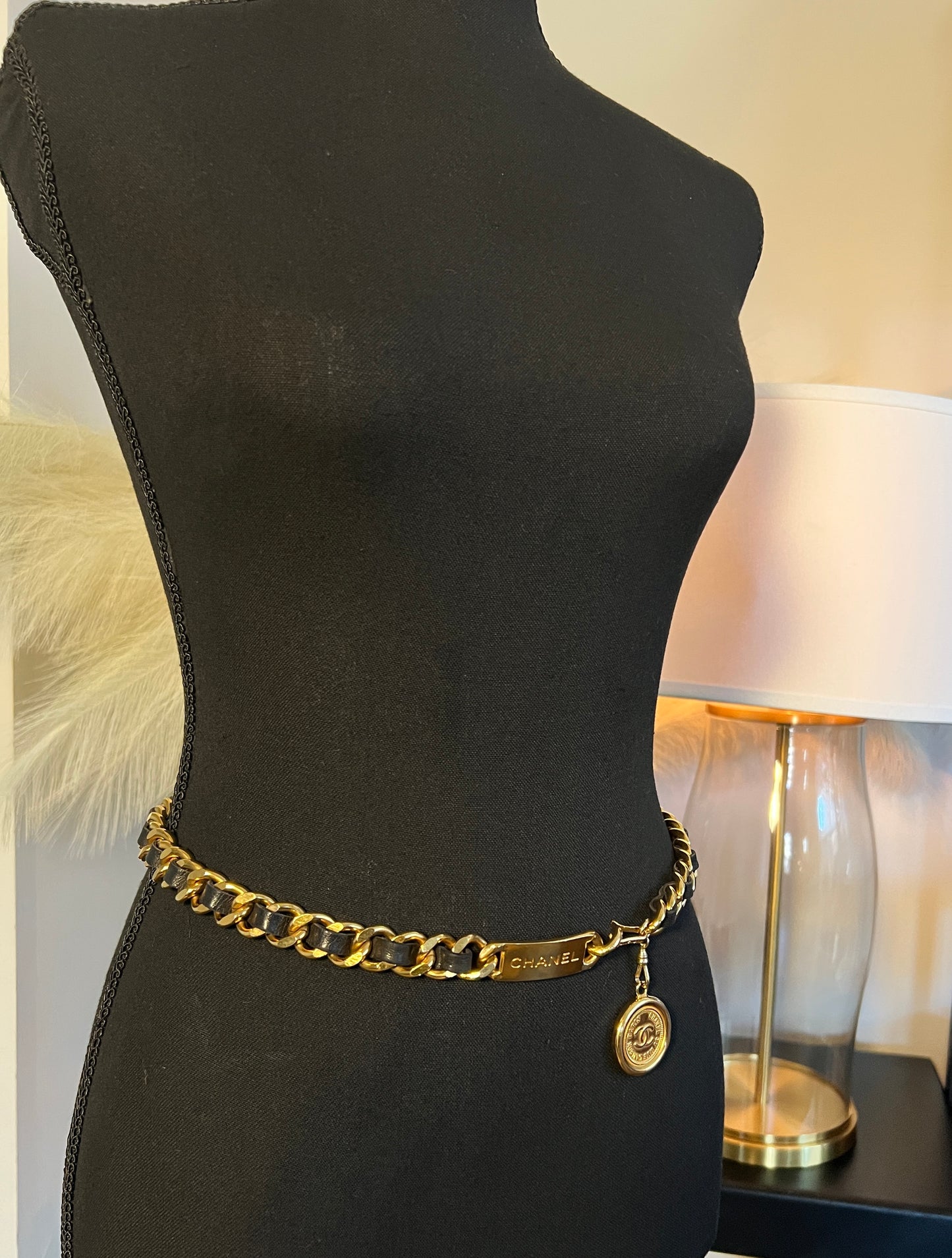 Vintage Chanel Cambon Chain Belt – Gold with Black Leather & Medallion