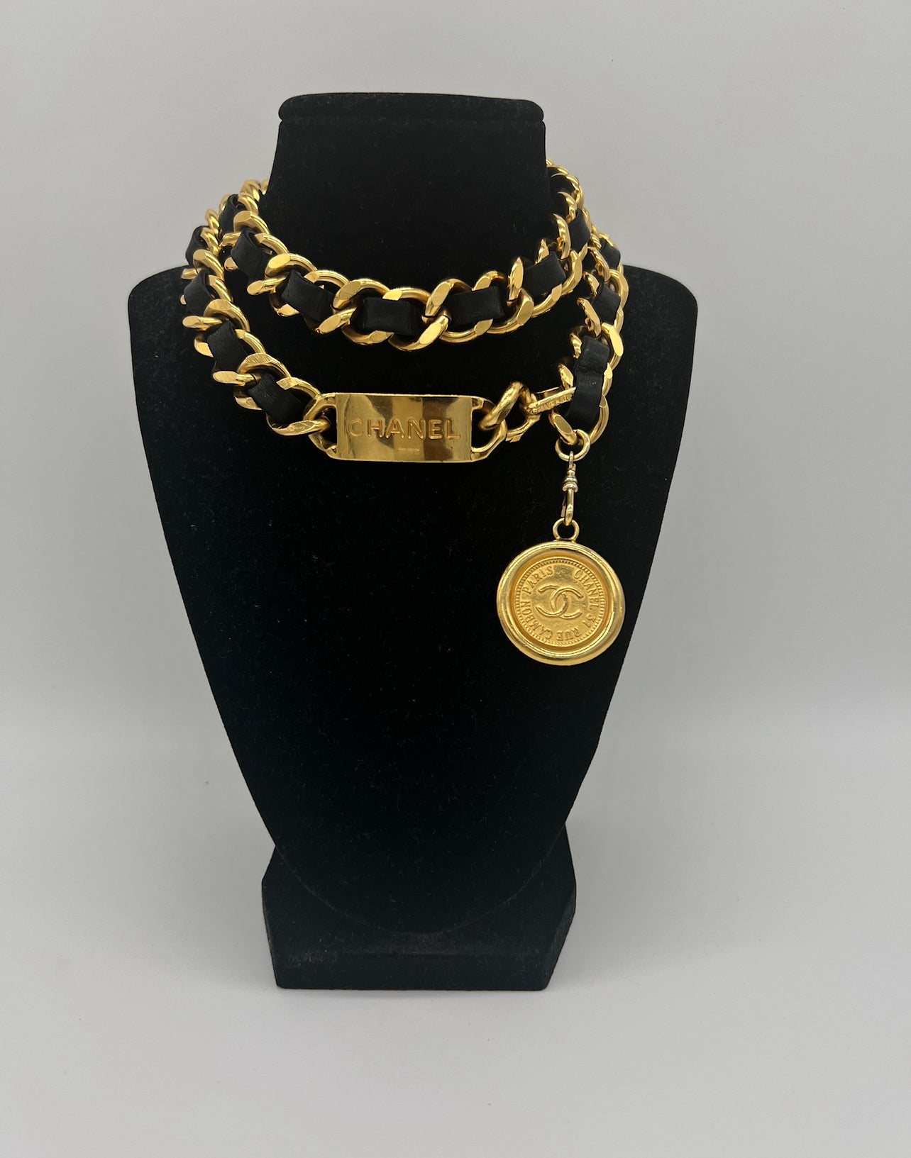 Vintage Chanel Cambon Chain Belt – Gold with Black Leather & Medallion