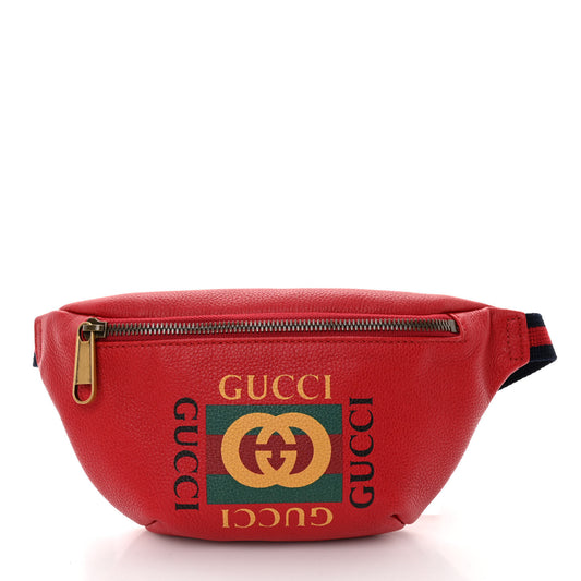 GUCCI GRAINED CALFSKIN SMALL LOGO BELT BAG HIBISCUS RED