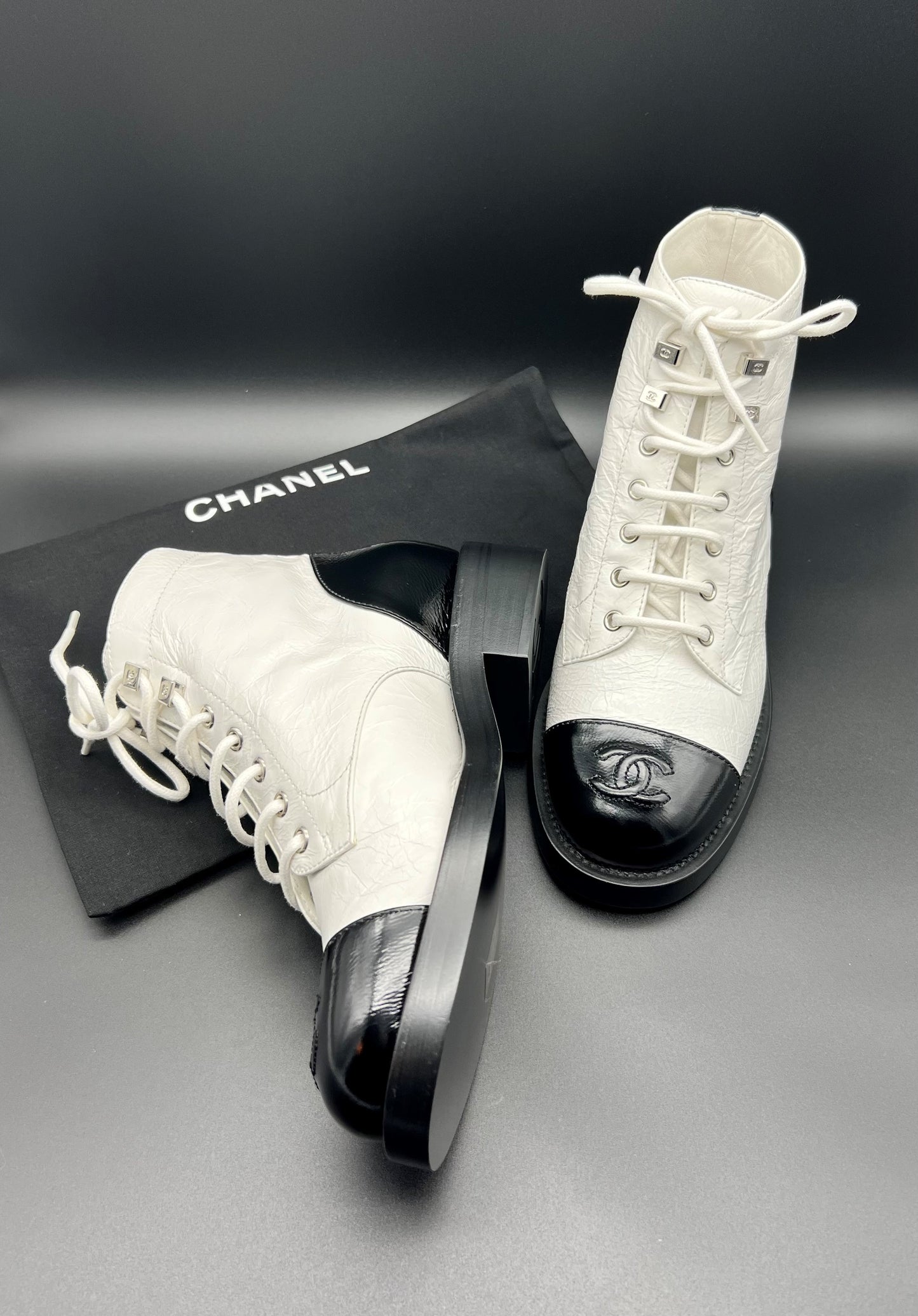 CHANEL COMBAT BOOTS SIZE 37 DISTRESSED PATENT CAP TOE WHITE AND BLACK