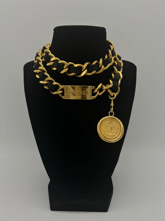 Vintage Chanel Cambon Chain Belt – Gold with Black Leather & Medallion