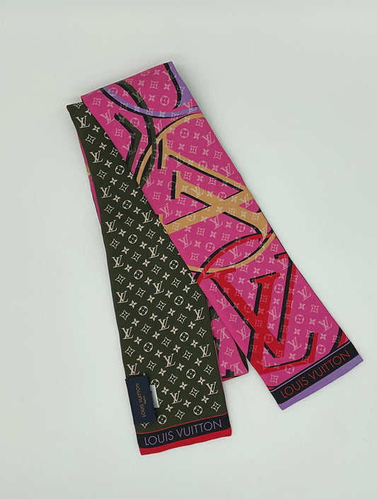 LOUIS VUITTON SILK MONOGRAM AND PINK PLANET BANDEAU TWILLY